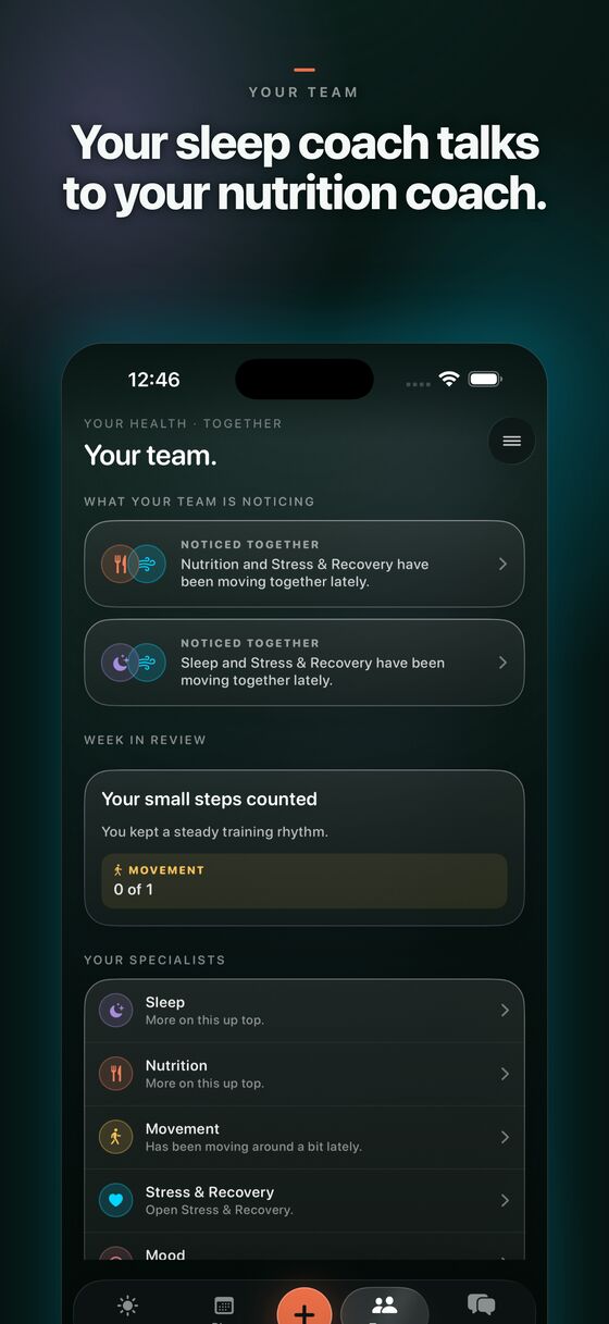 PULS3 coaching team: nine specialists behind one chat voice, with the headline Your sleep coach talks to your nutrition coach.