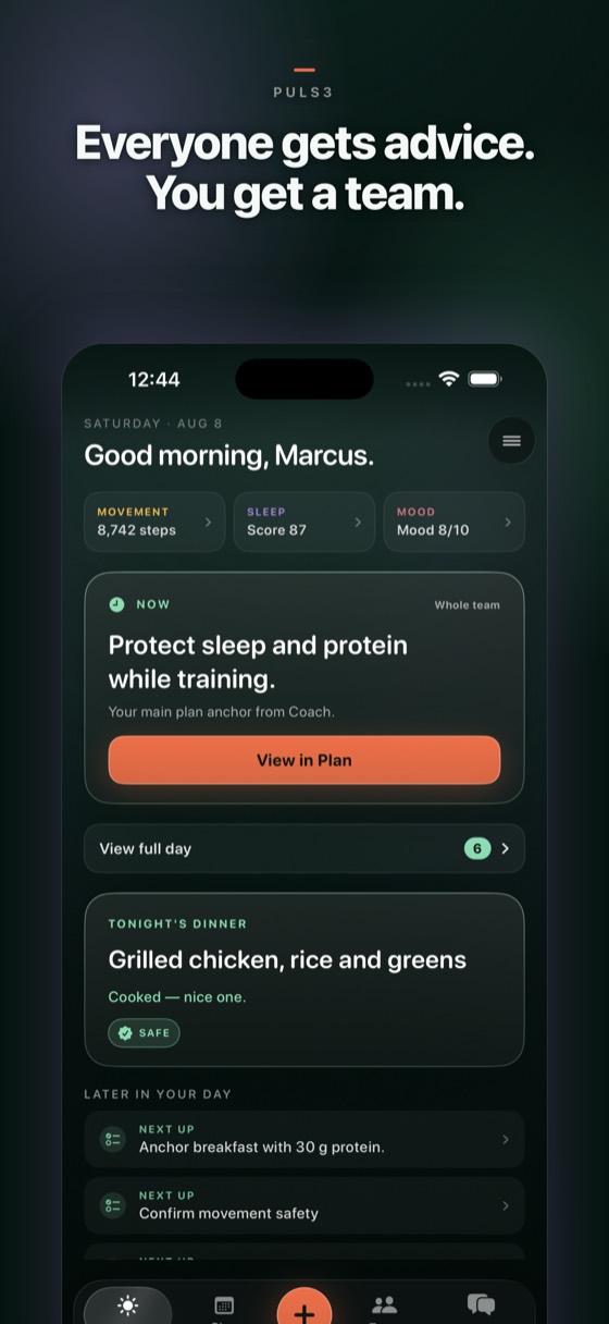 PULS3 Today screen: the coach's main plan anchor, tonight's dinner, and the next steps in the day.